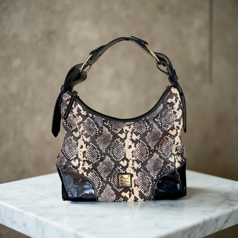 DOONEY & BOURKE Snakeskin Hobo Shoulder Bag Black Patent Lather Trim